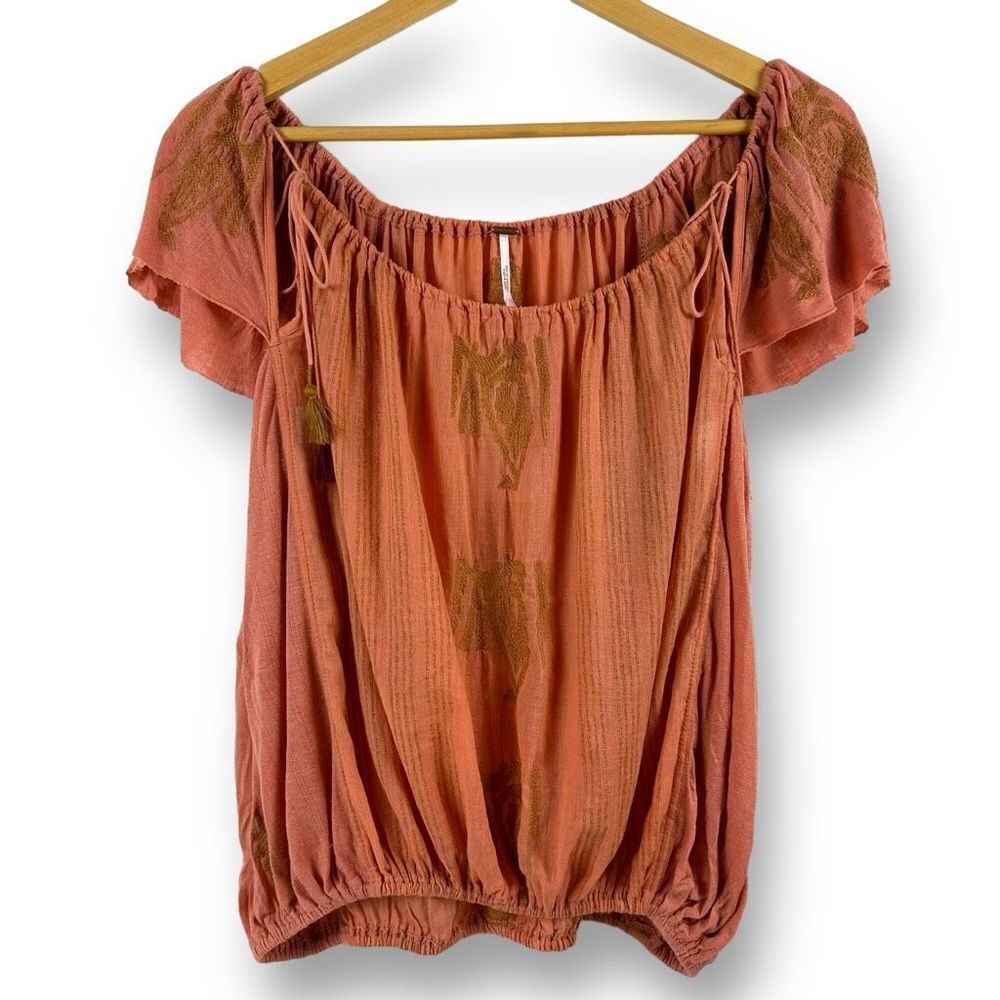 Free People Women's Size M Pukka Coral Embroidered Crepe Peasant Top New